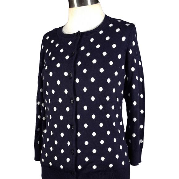 NEW Talbots Cardigan Navy White Polka Dot Reverse Pattern Inside 3/4 Sleeve Sz S - Picture 2 of 11